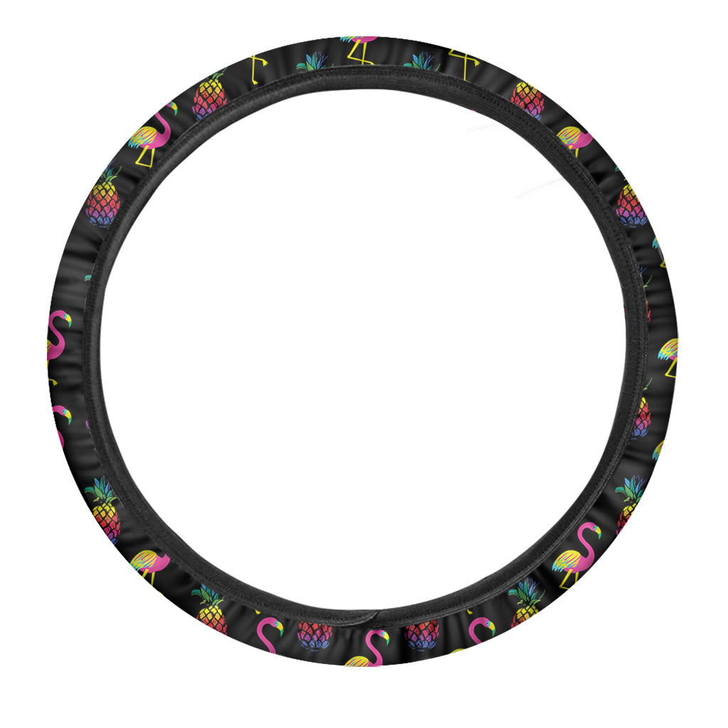 Rainbow Pineapple And Flamingo Print Car Steering Wheel Cover