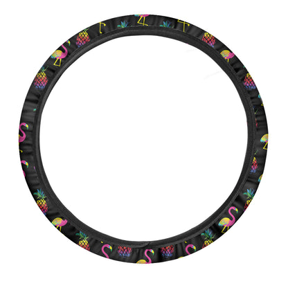 Rainbow Pineapple And Flamingo Print Car Steering Wheel Cover