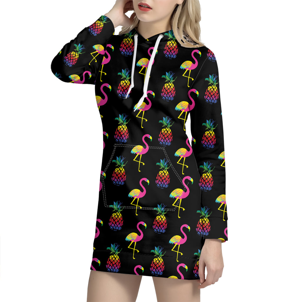 Rainbow Pineapple And Flamingo Print Hoodie Dress