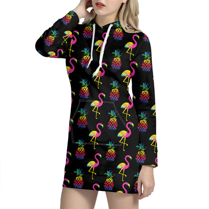 Rainbow Pineapple And Flamingo Print Hoodie Dress
