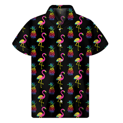 Rainbow Pineapple And Flamingo Print Men's Short Sleeve Shirt