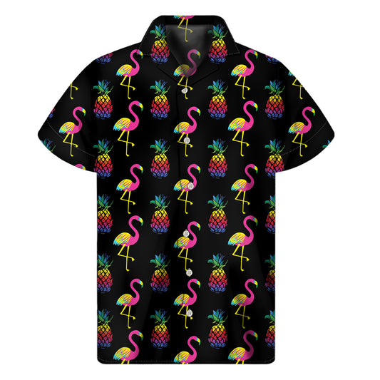 Rainbow Pineapple And Flamingo Print Men's Short Sleeve Shirt