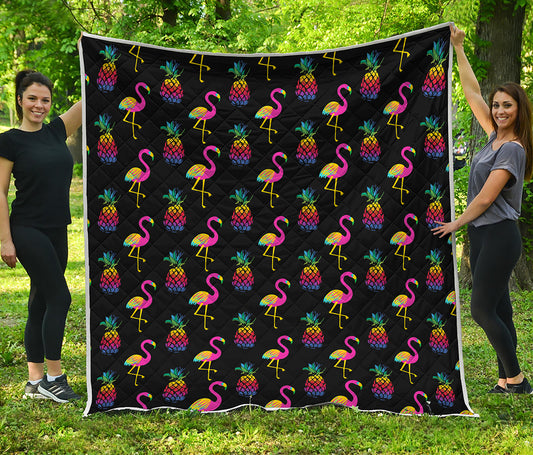 Rainbow Pineapple And Flamingo Print Quilt