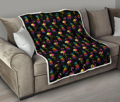 Rainbow Pineapple And Flamingo Print Quilt