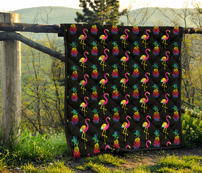 Rainbow Pineapple And Flamingo Print Quilt