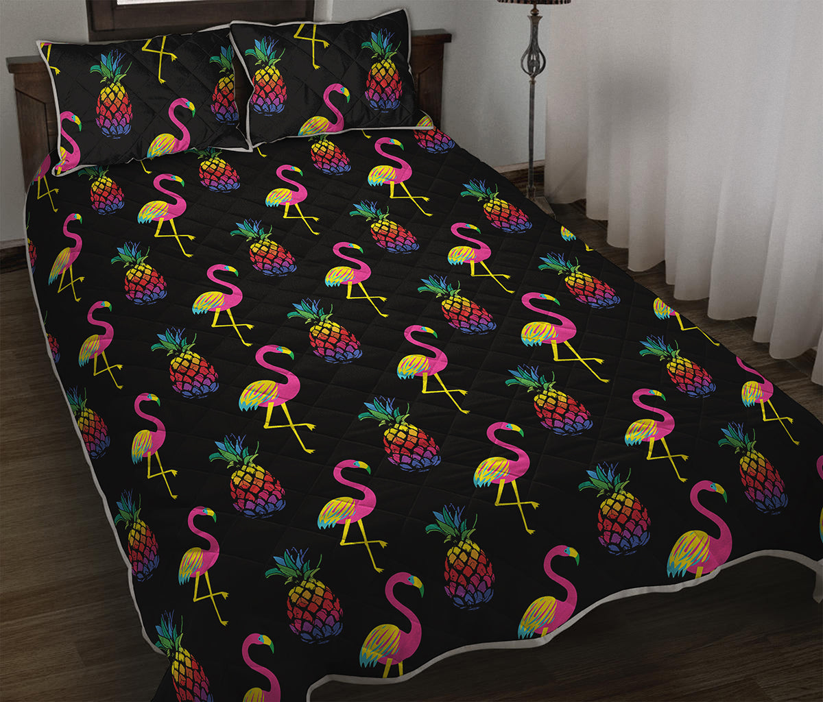 Rainbow Pineapple And Flamingo Print Quilt Bed Set
