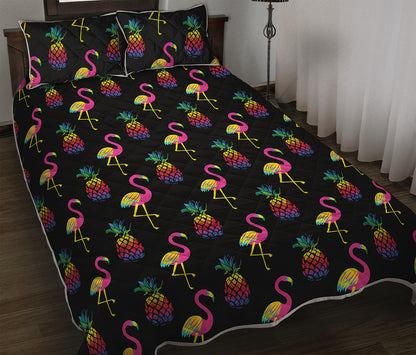Rainbow Pineapple And Flamingo Print Quilt Bed Set