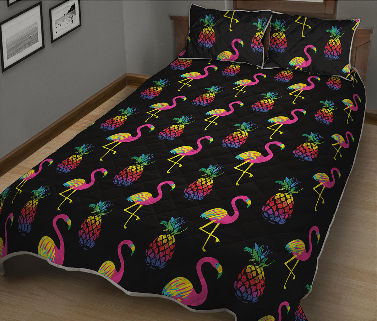 Rainbow Pineapple And Flamingo Print Quilt Bed Set