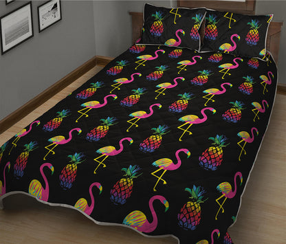 Rainbow Pineapple And Flamingo Print Quilt Bed Set