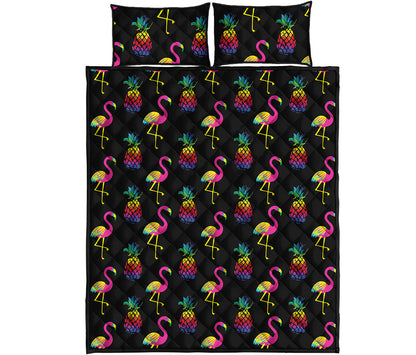 Rainbow Pineapple And Flamingo Print Quilt Bed Set