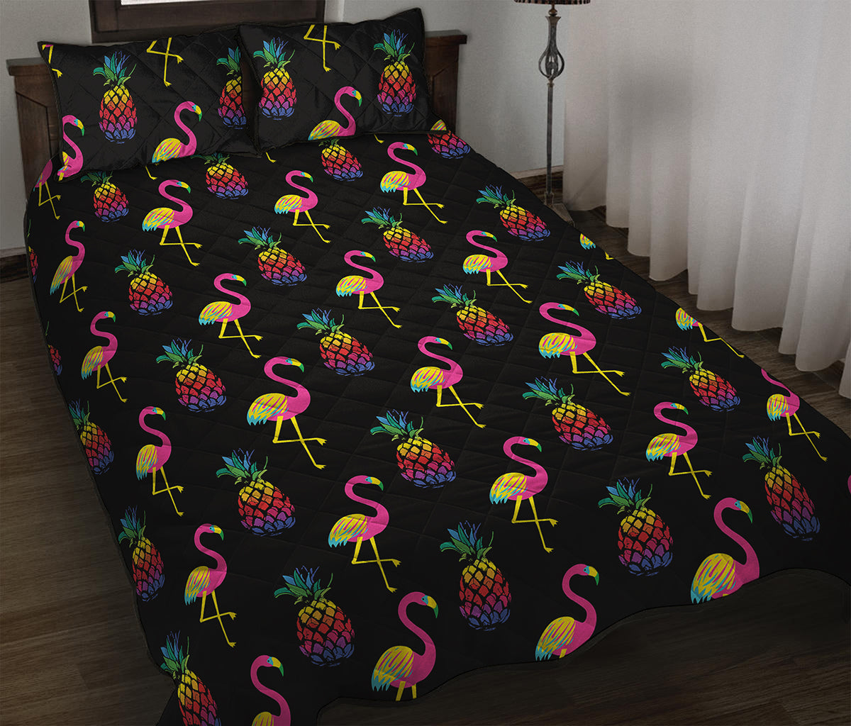 Rainbow Pineapple And Flamingo Print Quilt Bed Set