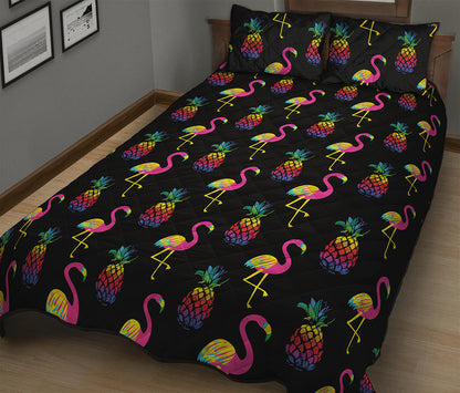Rainbow Pineapple And Flamingo Print Quilt Bed Set
