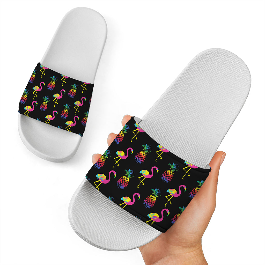 Rainbow Pineapple And Flamingo Print White Slide Sandals