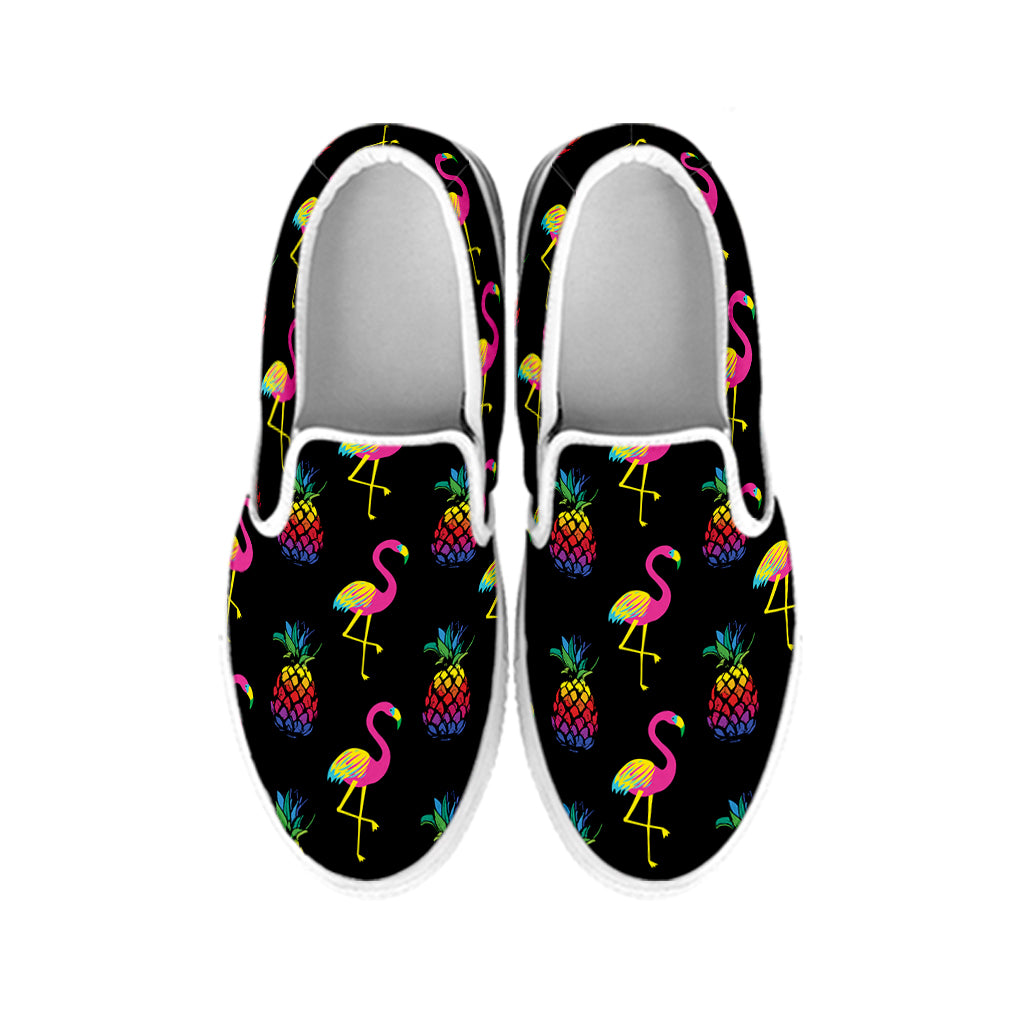 Rainbow Pineapple And Flamingo Print White Slip On Shoes