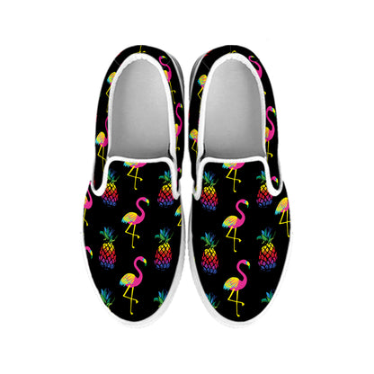 Rainbow Pineapple And Flamingo Print White Slip On Shoes