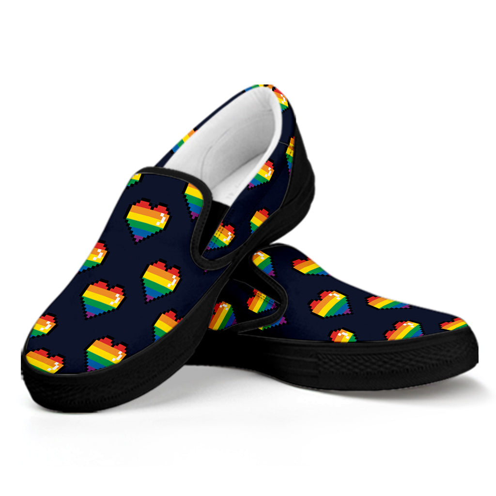 Rainbow Pixel 8-Bit LGBT Pride Heart Black Slip On Shoes