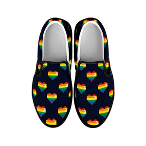 Rainbow Pixel 8-Bit LGBT Pride Heart Black Slip On Shoes