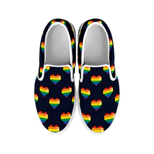 Rainbow Pixel 8-Bit LGBT Pride Heart White Slip On Shoes