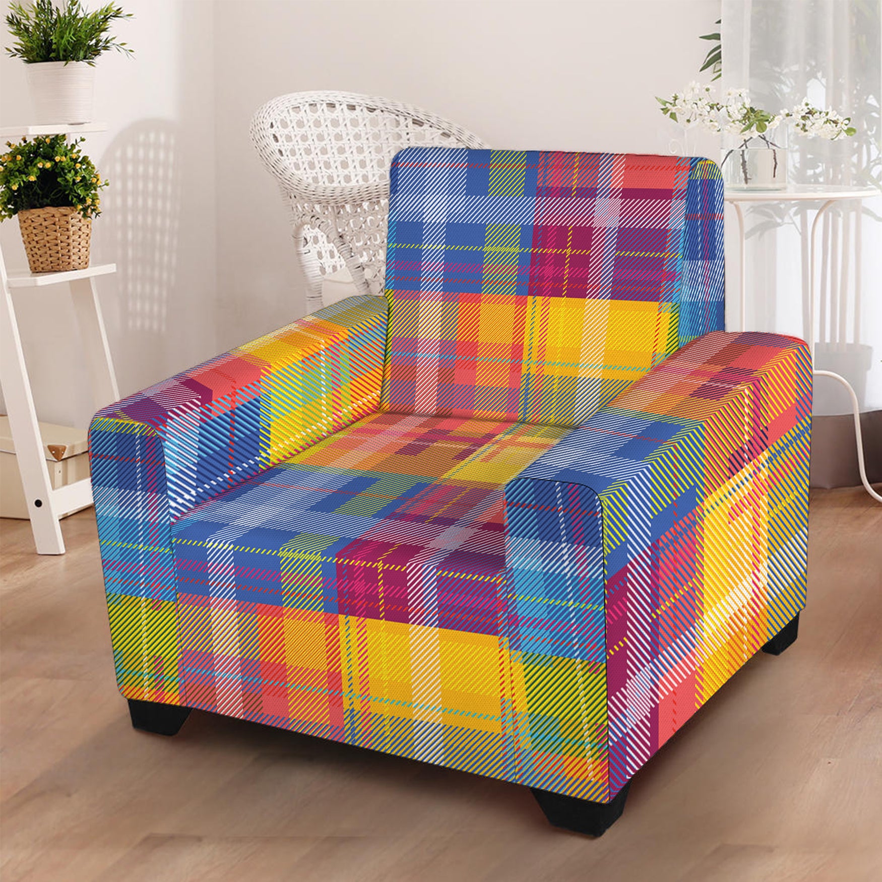 Rainbow Plaid Pattern Print Armchair Slipcover