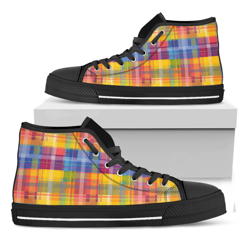 Rainbow Plaid Pattern Print Black High Top Shoes