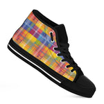 Rainbow Plaid Pattern Print Black High Top Shoes