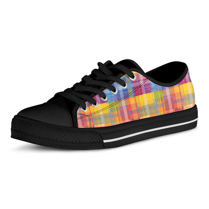 Rainbow Plaid Pattern Print Black Low Top Shoes