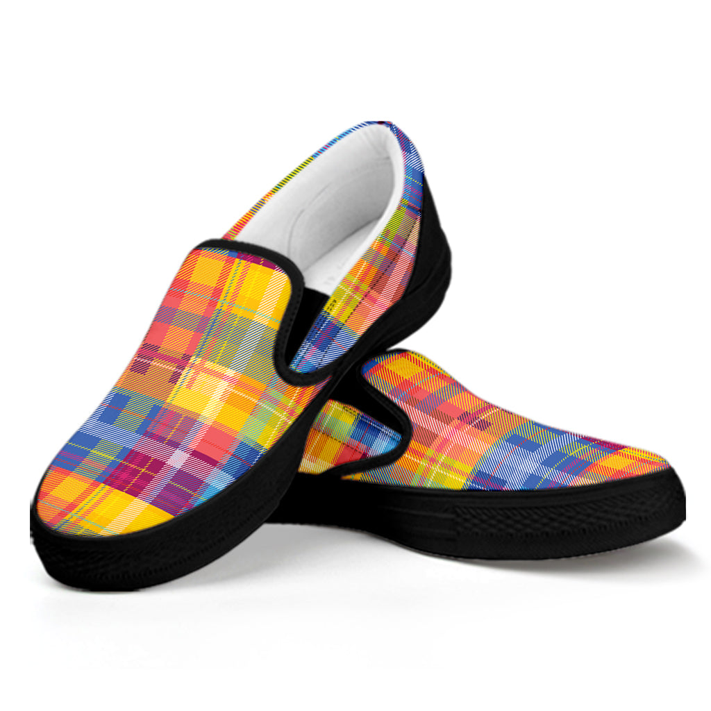 Rainbow Plaid Pattern Print Black Slip On Shoes