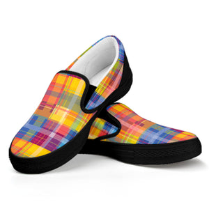 Rainbow Plaid Pattern Print Black Slip On Shoes