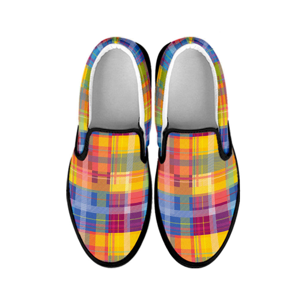 Rainbow Plaid Pattern Print Black Slip On Shoes