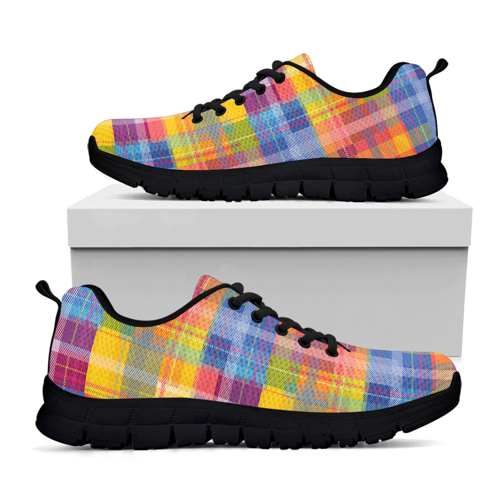 Rainbow Plaid Pattern Print Black Sneakers