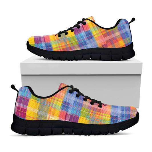 Rainbow Plaid Pattern Print Black Sneakers