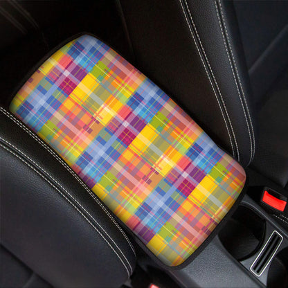 Rainbow Plaid Pattern Print Car Center Console Cover