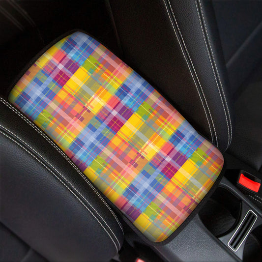 Rainbow Plaid Pattern Print Car Center Console Cover