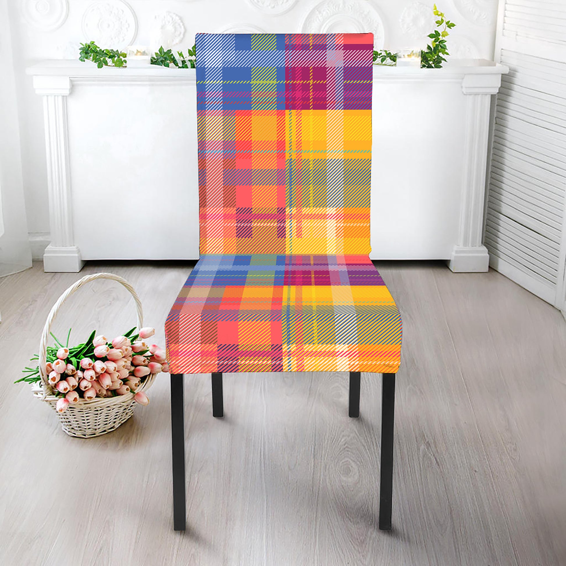 Rainbow Plaid Pattern Print Dining Chair Slipcover