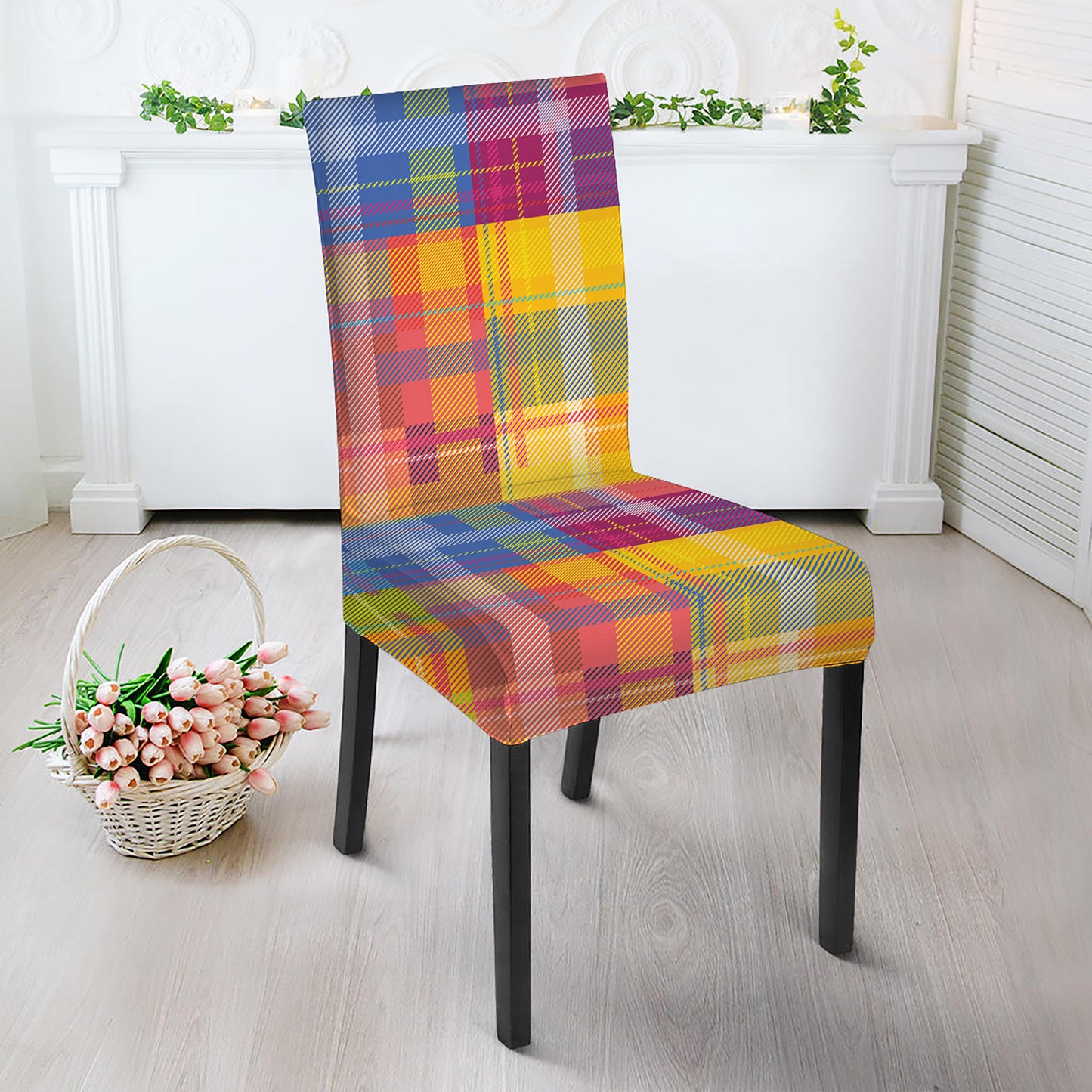 Rainbow Plaid Pattern Print Dining Chair Slipcover