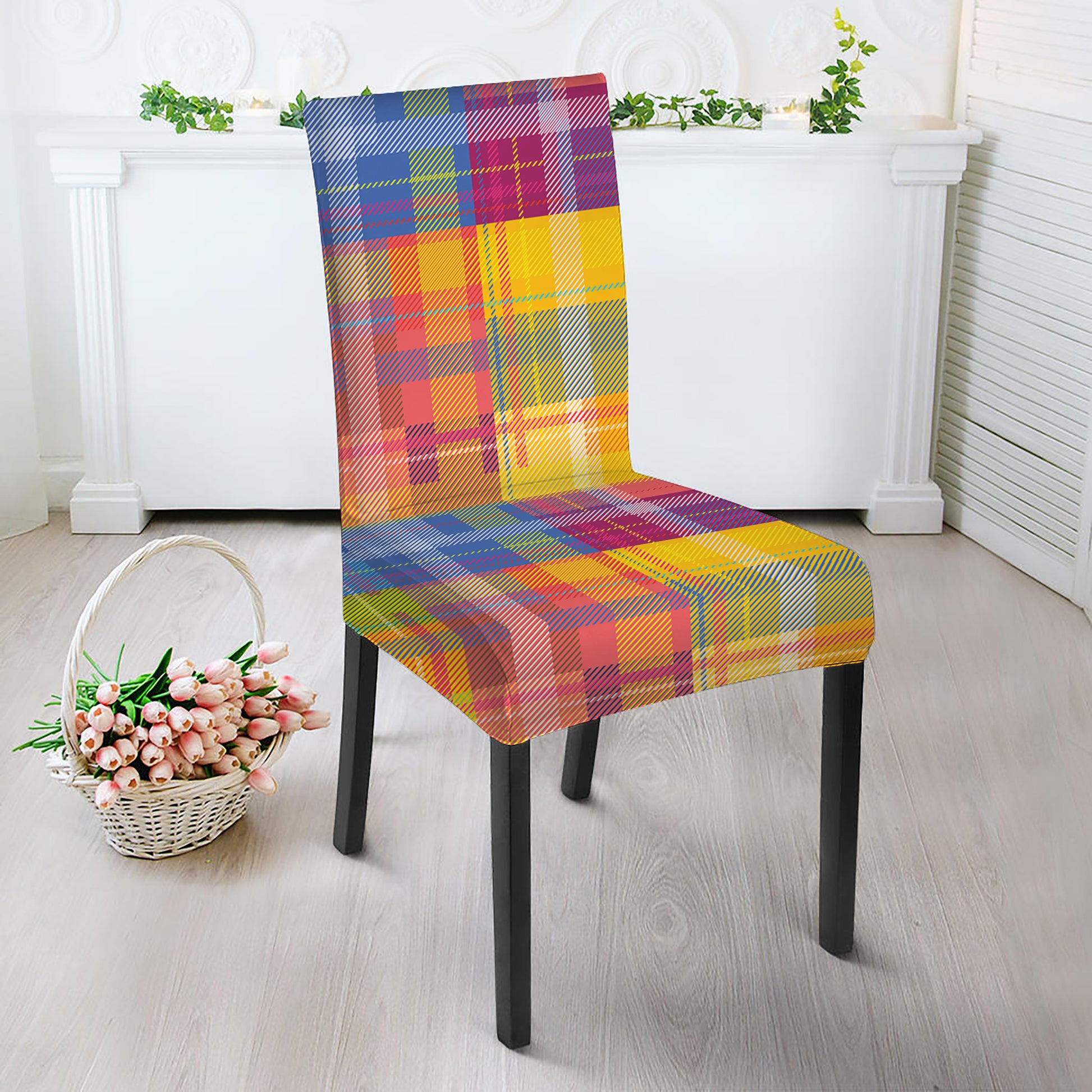 Rainbow Plaid Pattern Print Dining Chair Slipcover