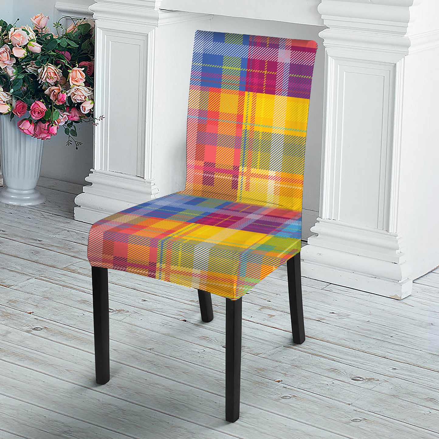 Rainbow Plaid Pattern Print Dining Chair Slipcover