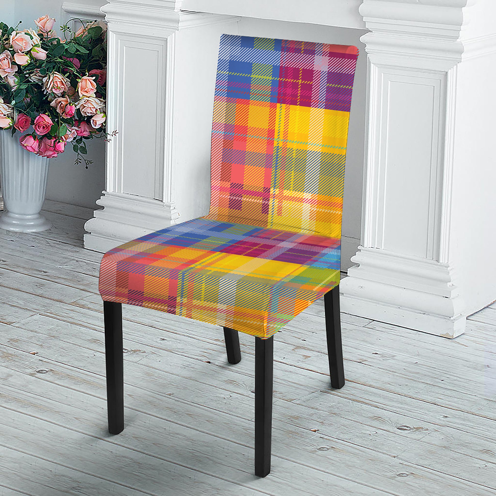 Rainbow Plaid Pattern Print Dining Chair Slipcover