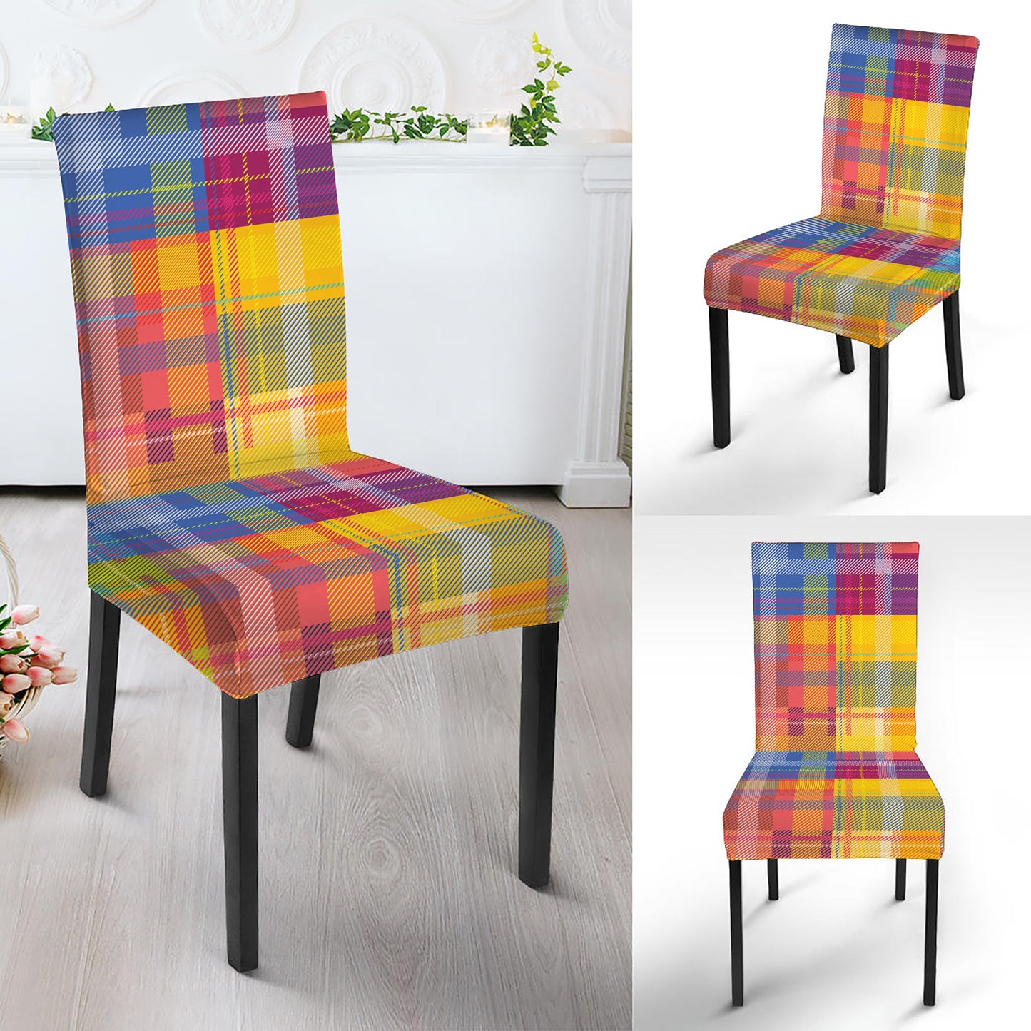Rainbow Plaid Pattern Print Dining Chair Slipcover