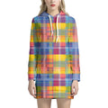 Rainbow Plaid Pattern Print Pullover Hoodie Dress