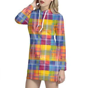 Rainbow Plaid Pattern Print Hoodie Dress
