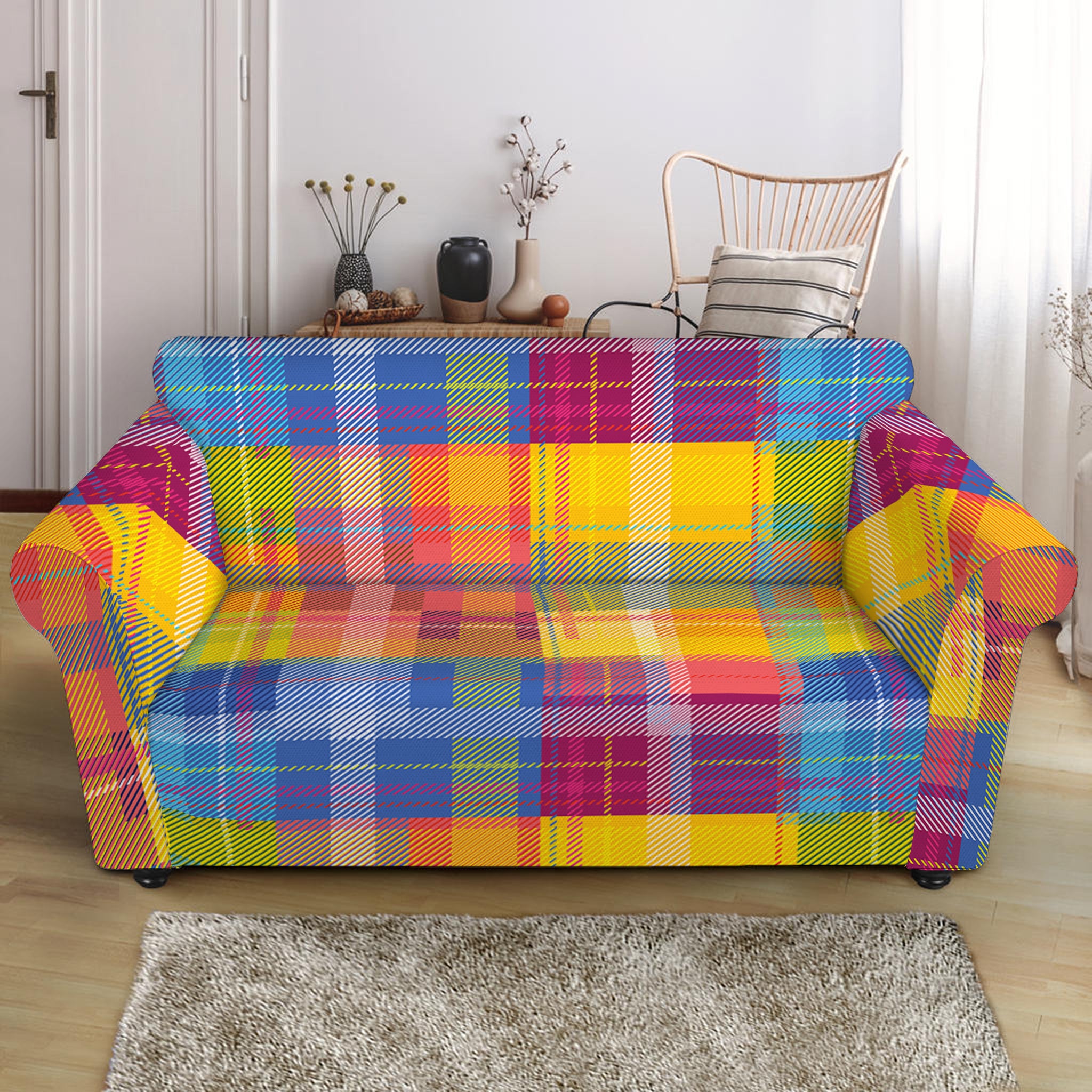 Rainbow Plaid Pattern Print Loveseat Slipcover