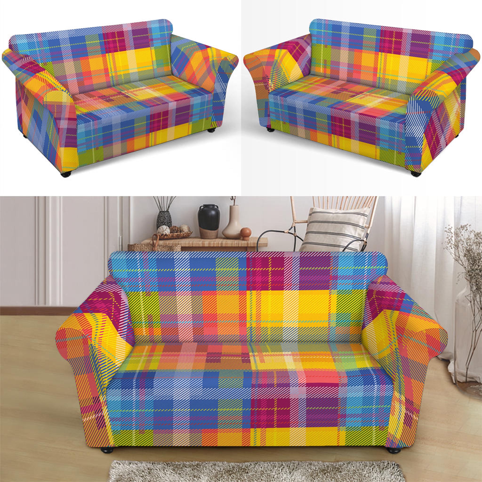 Rainbow Plaid Pattern Print Loveseat Slipcover