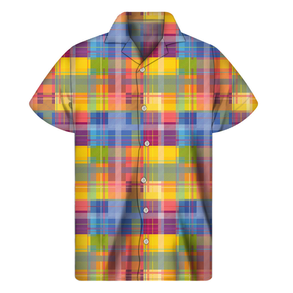 Rainbow Plaid Pattern Print Men's Short Sleeve Shirt