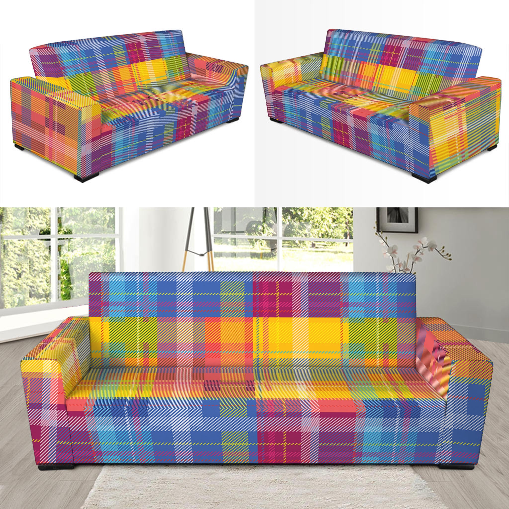 Rainbow Plaid Pattern Print Sofa Slipcover