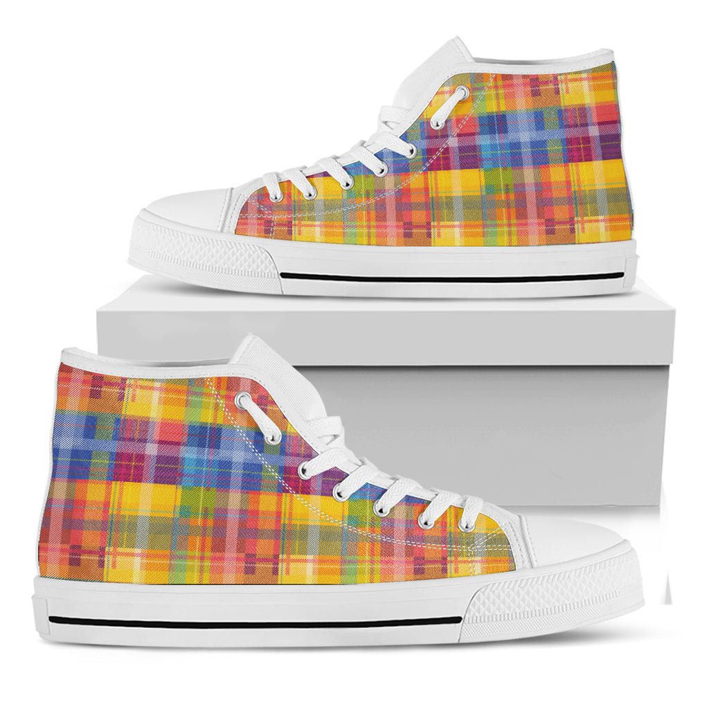 Rainbow Plaid Pattern Print White High Top Shoes