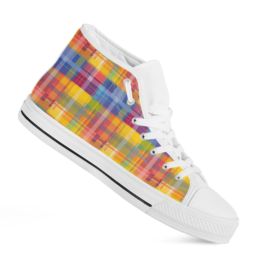 Rainbow Plaid Pattern Print White High Top Shoes