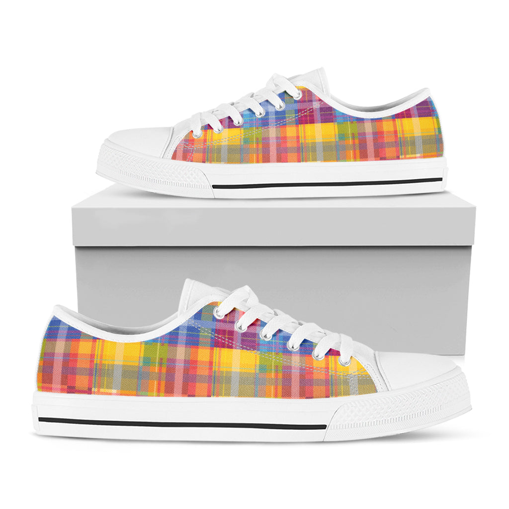 Rainbow Plaid Pattern Print White Low Top Shoes