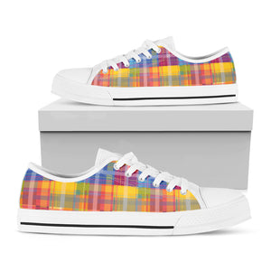 Rainbow Plaid Pattern Print White Low Top Shoes