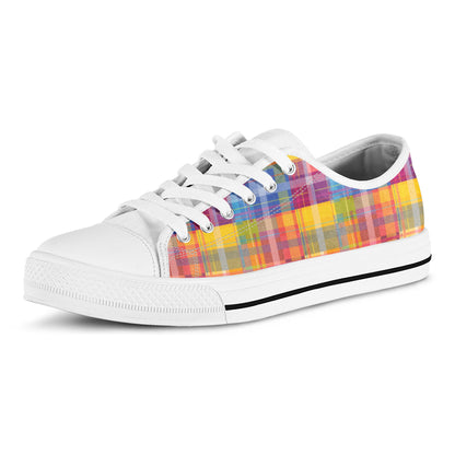 Rainbow Plaid Pattern Print White Low Top Shoes